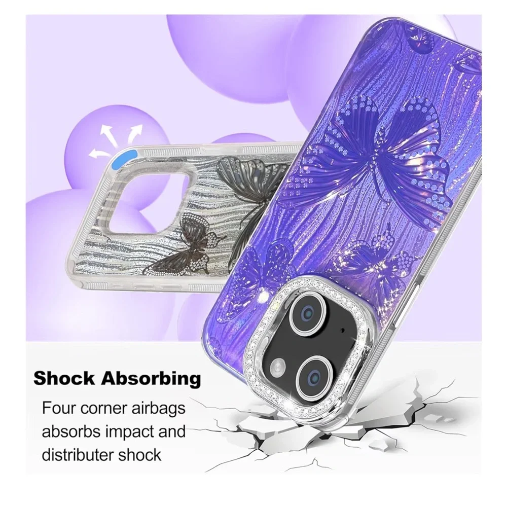 iPhone 14 iPhone 13 Case Butterfly Design 3D Diamond Camera Lens NEW Purple